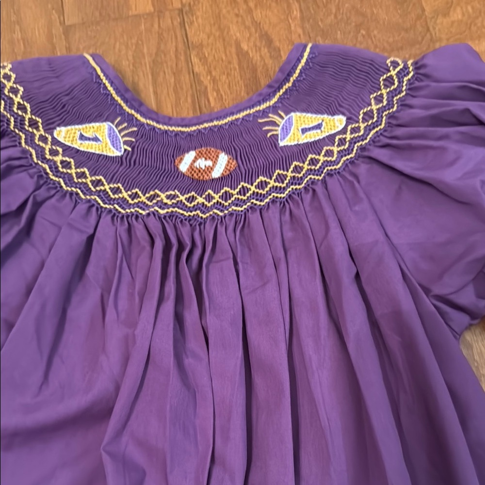 Purple Gold Smocked Bishop Dress Embroidered Football LSU 4T Tailgating